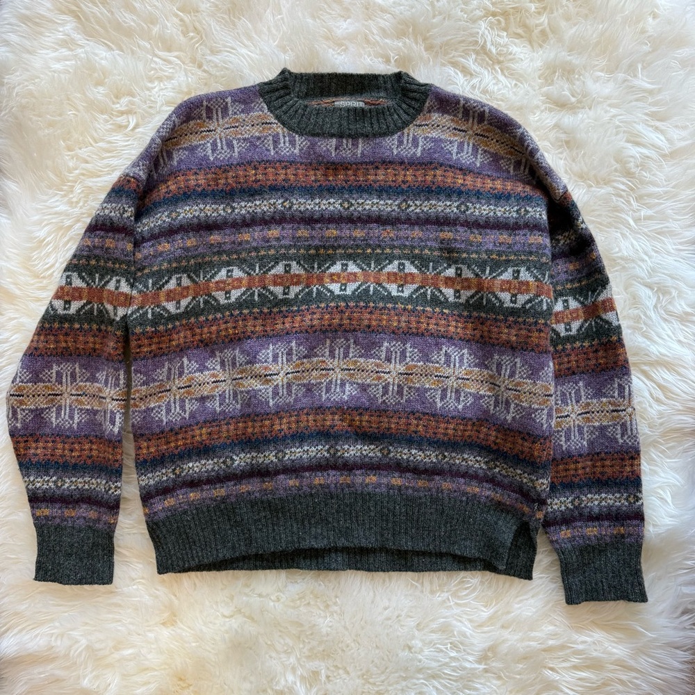 ESPRIT vintage shetland wool pullover sweater fair isle mock neck purple green